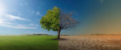 The striking contrast of a thriving tree and a barren landscape in climate change. photo