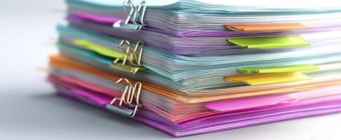 The vibrant stack of organized documents showcasing efficient office management. photo