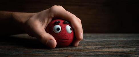 The playful red ball being held by a hand with a surprised expression. photo