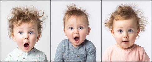 The amazed expressions of three adorable babies with playful hairstyles. photo