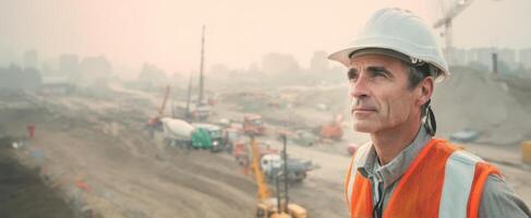 The construction worker surveying the site with determination and focus. photo