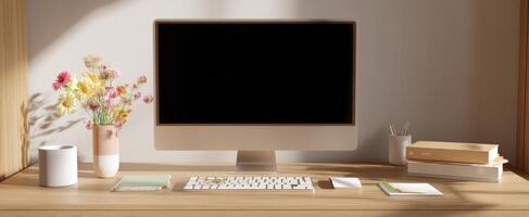 The elegant workspace featuring a modern computer and stylish decor elements. photo