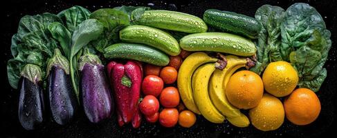 The vibrant arrangement of fresh vegetables and fruits on a black background. photo