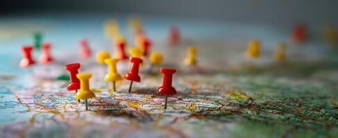 The colorful pins marking locations on a map for exploration and planning. photo