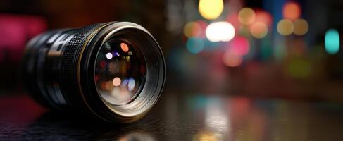 The Camera Lens Capturing Vibrant Lights with Stunning Bokeh Effects photo