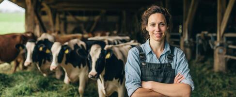 The confident farmer standing proudly among her dairy cows in a rustic barn photo