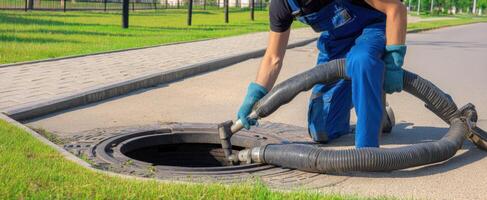 The worker using a hose to clean the sewer manhole in the urban area. photo