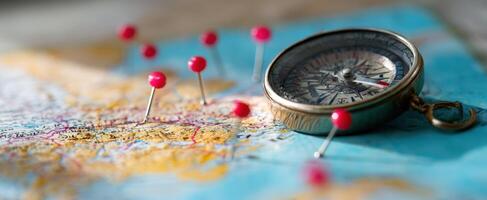 The compass and map guide the journey of exploration and adventure. photo