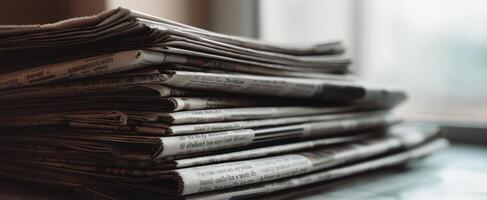 The stacked newspapers presenting stories from around the world on a cozy workspace. photo