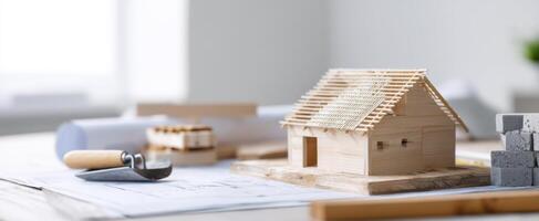 The detailed wooden house model on a construction workspace table photo