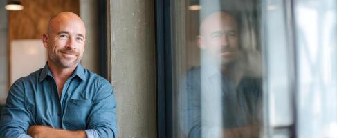 The confident man smiling by the window in a modern workspace. photo