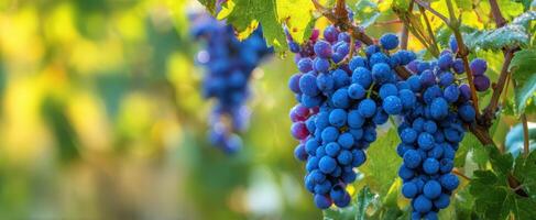 The lush grape clusters glistening in the warm sunlight of the vineyard photo
