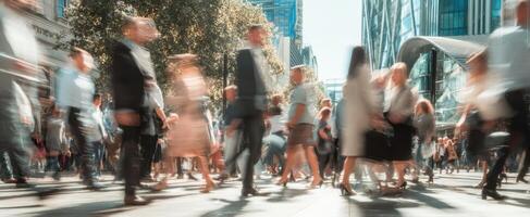 The bustling crowd reflects the energy of a vibrant urban cityscape. photo