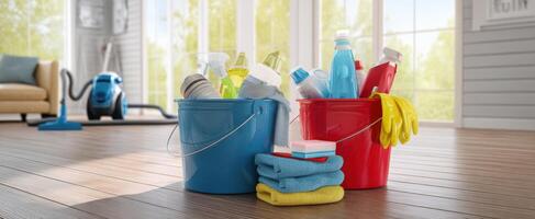 The colorful cleaning supplies are ready for an organized home environment. photo