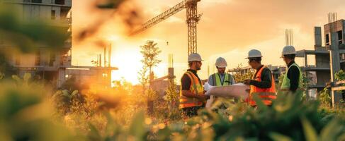 The construction team collaborates on blueprints during a beautiful sunset. photo