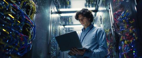 The technician analyzing data in a server room with networking equipment and laptop. photo