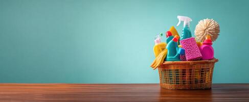 The colorful cleaning supplies basket on a wooden table against a blue background. photo