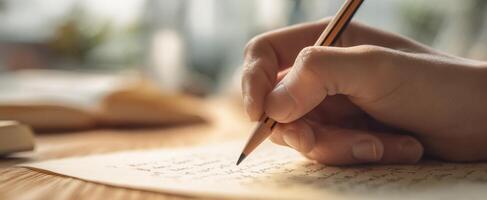 The hand poised to write a personal message on elegant paper. photo