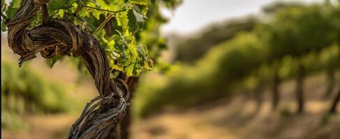 The vineyard showcasing twisted vine branches and lush green foliage. photo