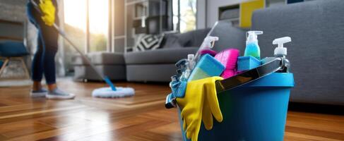 The vibrant cleaning supplies ready for a cheerful home makeover. photo