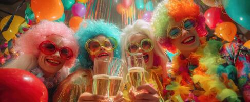 The colorful celebration of friends enjoying drinks at a joyful party photo