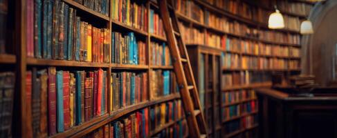 The vintage library filled with colorful books and a wooden ladder. photo
