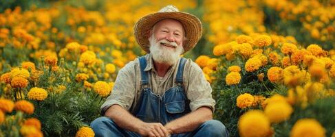 The joyful farmer in a field of vibrant marigold flowers. photo