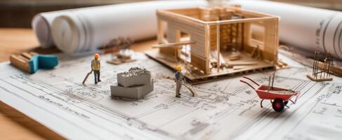 The miniature construction site with builders working on architectural blueprints. photo