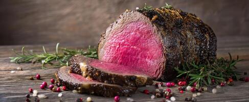 The succulent roast beef dish perfectly presented with aromatic herbs and spices. photo