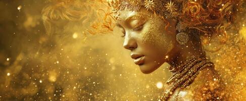 The enchanting golden goddess exuding elegance and tranquility in radiant beauty. photo