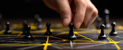 The hand carefully moves a black pawn on the strategic game board. photo