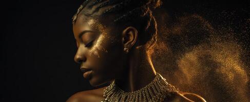 The elegant model adorned with gold in a stunning portrait setting. photo