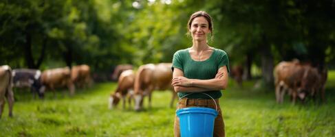 The smiling woman with a bucket in a lush green farm setting photo
