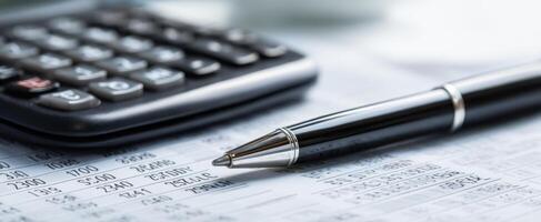 The calculator and pen on financial documents for business analysis photo