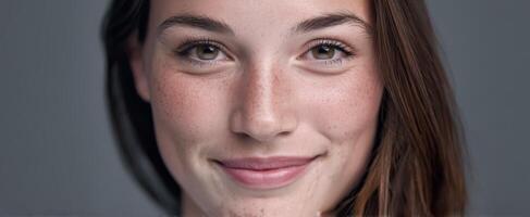 The smiling young woman with freckles and natural beauty in a close-up portrait. photo
