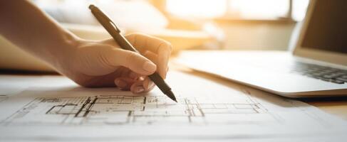 The architect's hand sketching detailed plans in a bright workspace. photo
