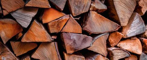 The stacked wood logs creating a rustic and natural background for cozy settings. photo