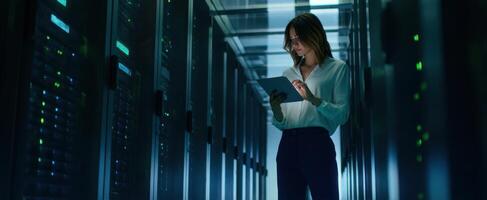 The woman using a tablet in a modern server room. photo