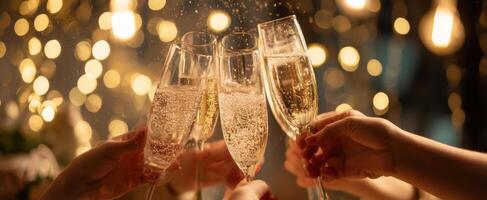The lively toast of friends with champagne glasses in celebration. photo