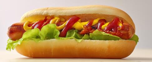 The delicious hotdog garnished with mustard and ketchup on a fresh bun. photo