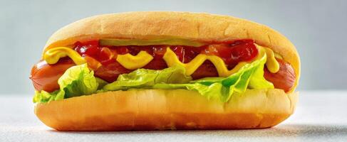 The delicious hot dog topped with mustard, ketchup, and lettuce on a bun. photo