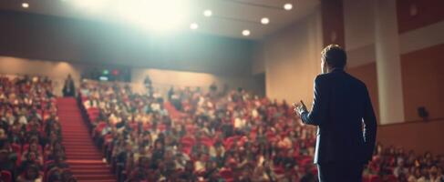 The speaker captivating an audience during a motivational conference session. photo