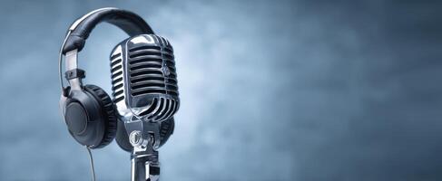 The retro microphone and headphones set against a soft blue background. photo
