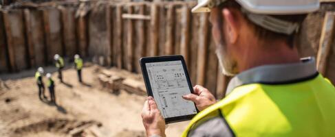 The construction worker analyzing plans on a tablet at a building site. photo
