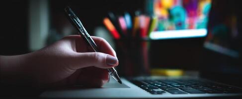 The hand poised with a pen over a laptop in a creative workspace. photo