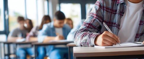The focused student writing in a classroom during a test environment. photo
