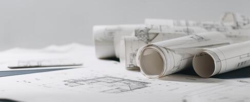 The detailed architectural blueprints rolled on a modern workspace table. photo