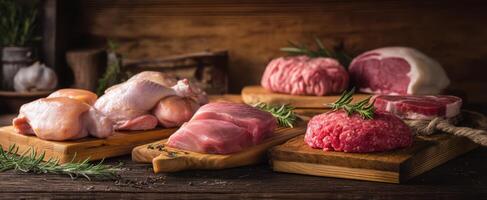 The assortment of fresh meats on rustic wooden boards with herbs. photo