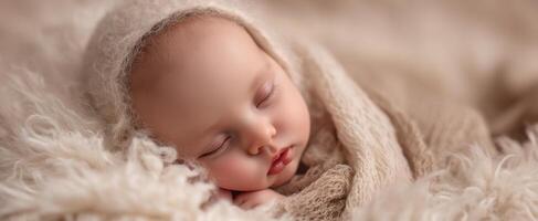The peaceful sleeping baby wrapped in soft natural textures. photo