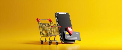 The smartphone and shopping cart representing online shopping and mobile payments. photo